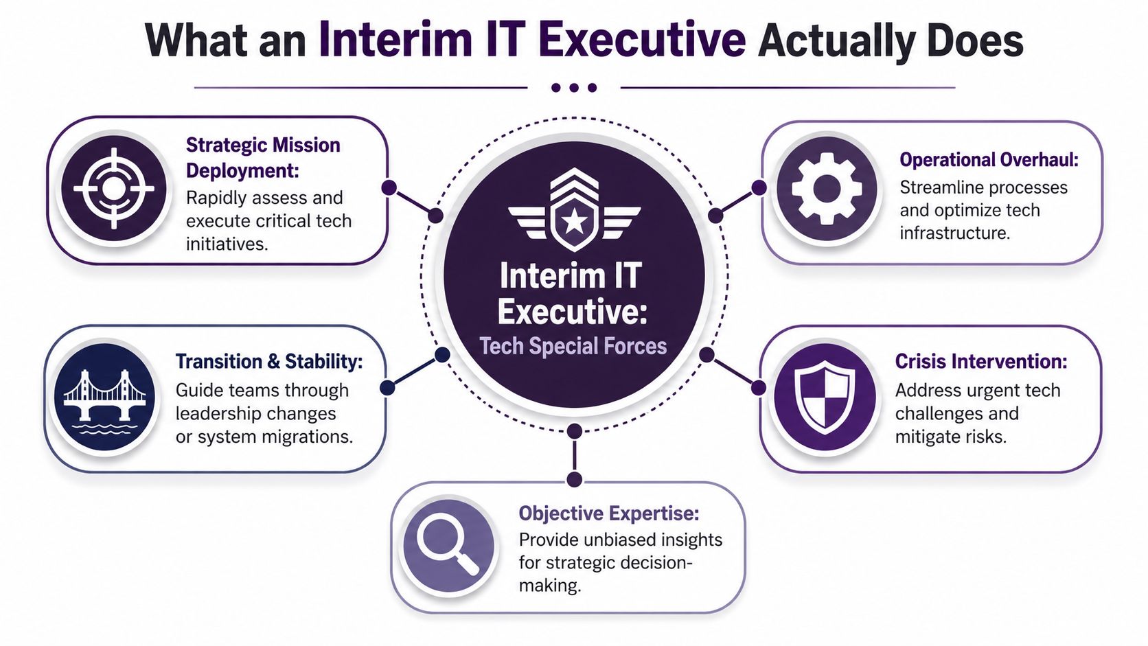 A diagram outlining the key responsibilities and functions of an interim IT executive in an organization.