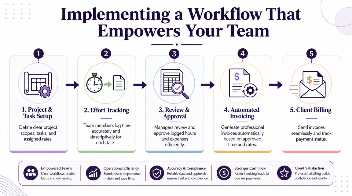 A five-step infographic showing a workflow from project setup and effort tracking to automated client billing.