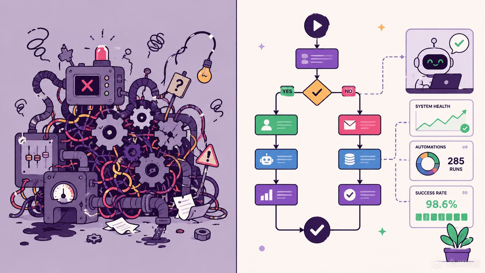 A split image contrasting a chaotic, messy mechanical system with a structured, efficient digital workflow automation process.