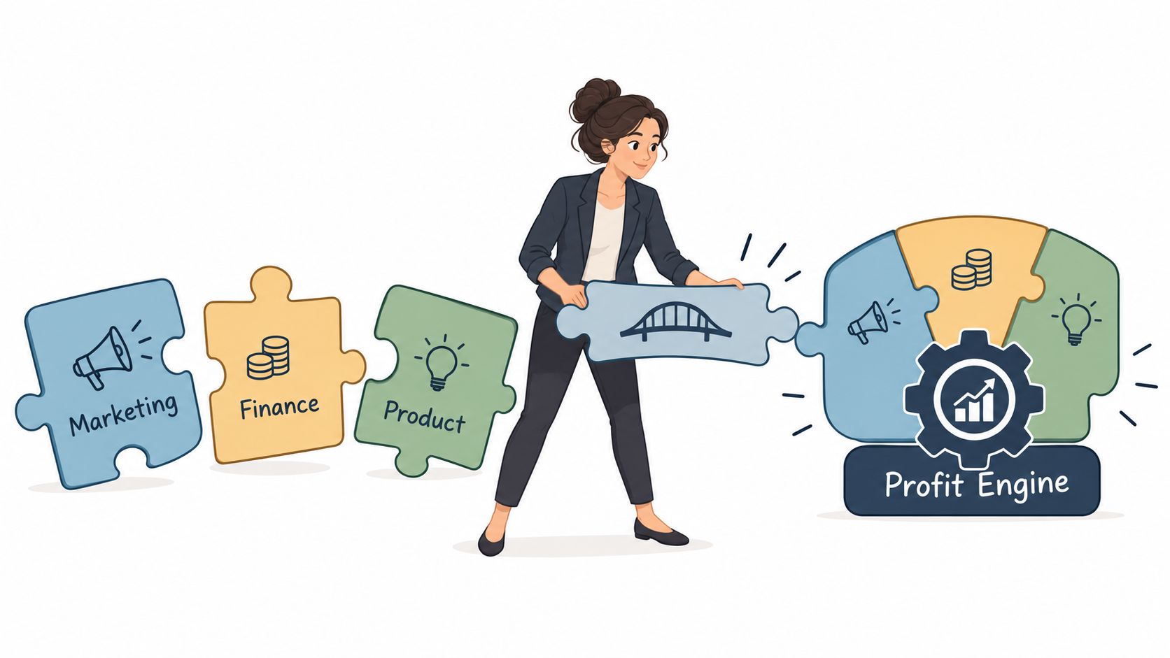 A professional woman connecting puzzle pieces labeled marketing, finance, and product to a central profit engine.