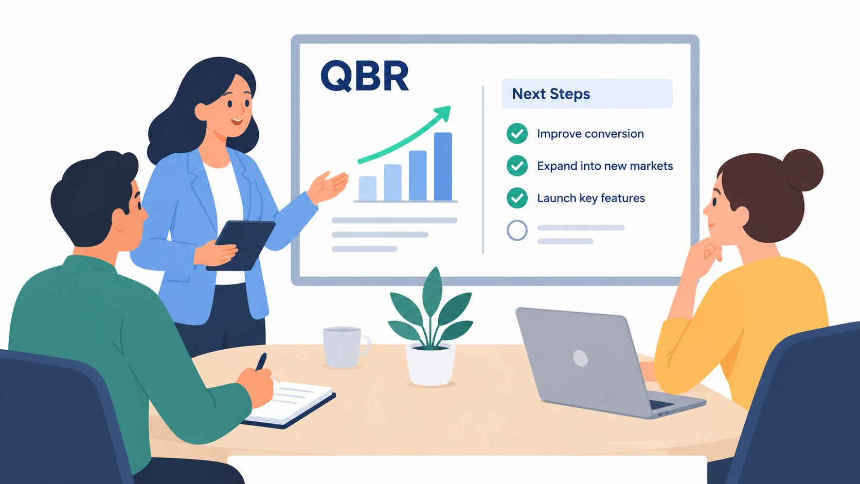 A professional woman presenting business QBR growth results to a team during a meeting.
