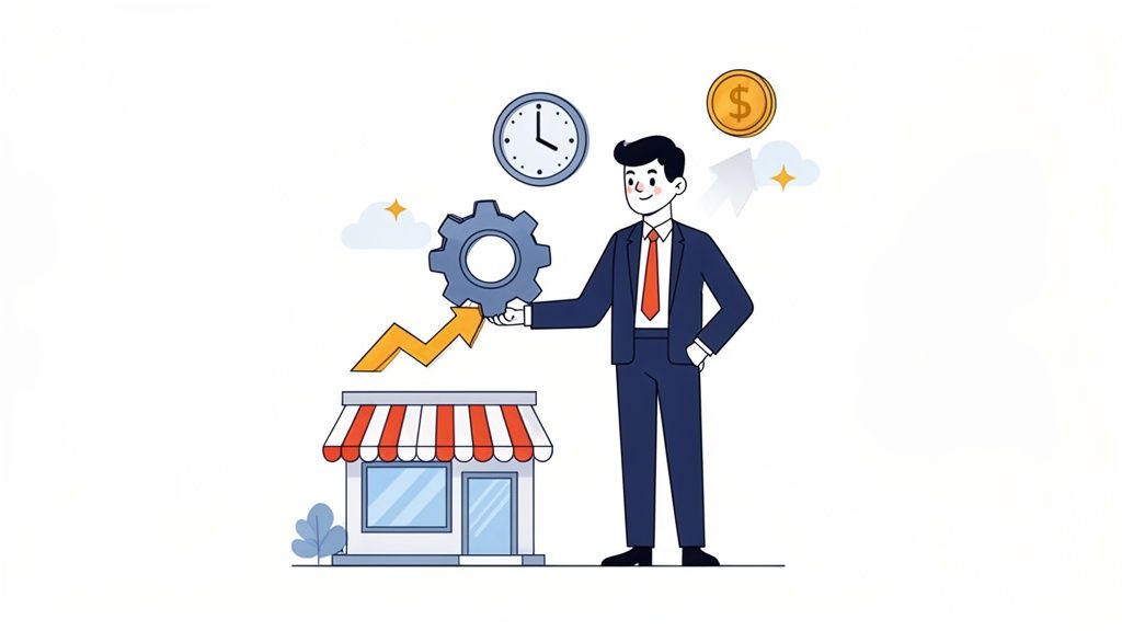 Businessman holding a gear and an arrow rising from a shop, symbolizing business growth and optimization.
