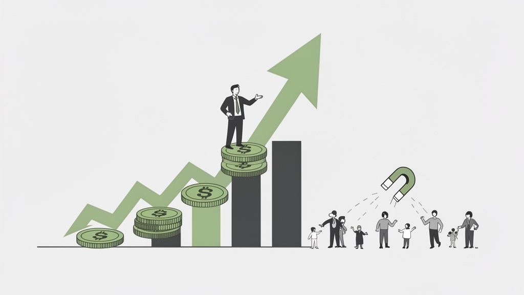 A business leader on growing money stacks, with a magnet attracting a crowd, symbolizing business growth and customer acquisition.