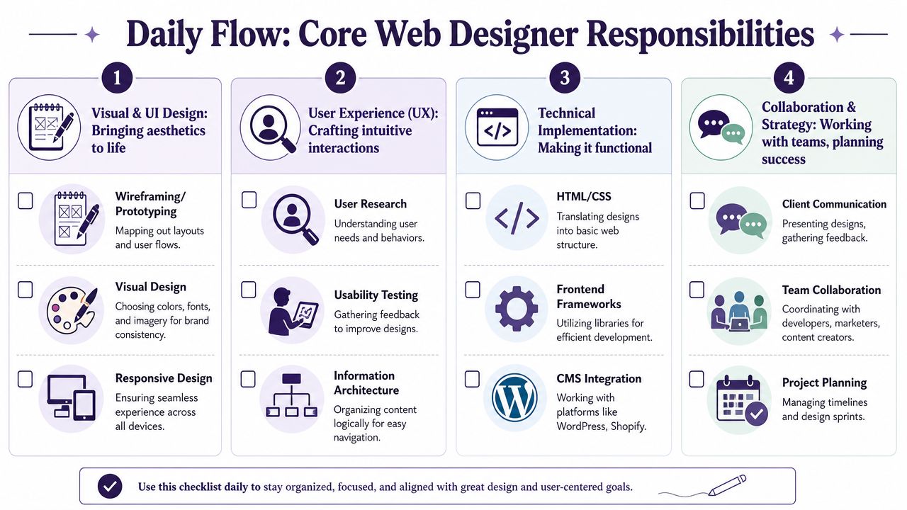 A checklist chart titled Daily Flow showing four core responsibility categories for professional web designers.