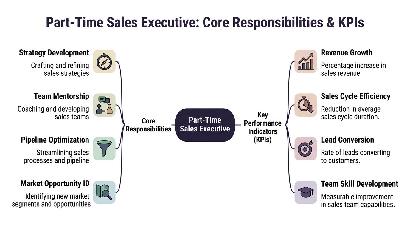 A diagram outlining the core responsibilities and key performance indicators for a part-time sales executive role.