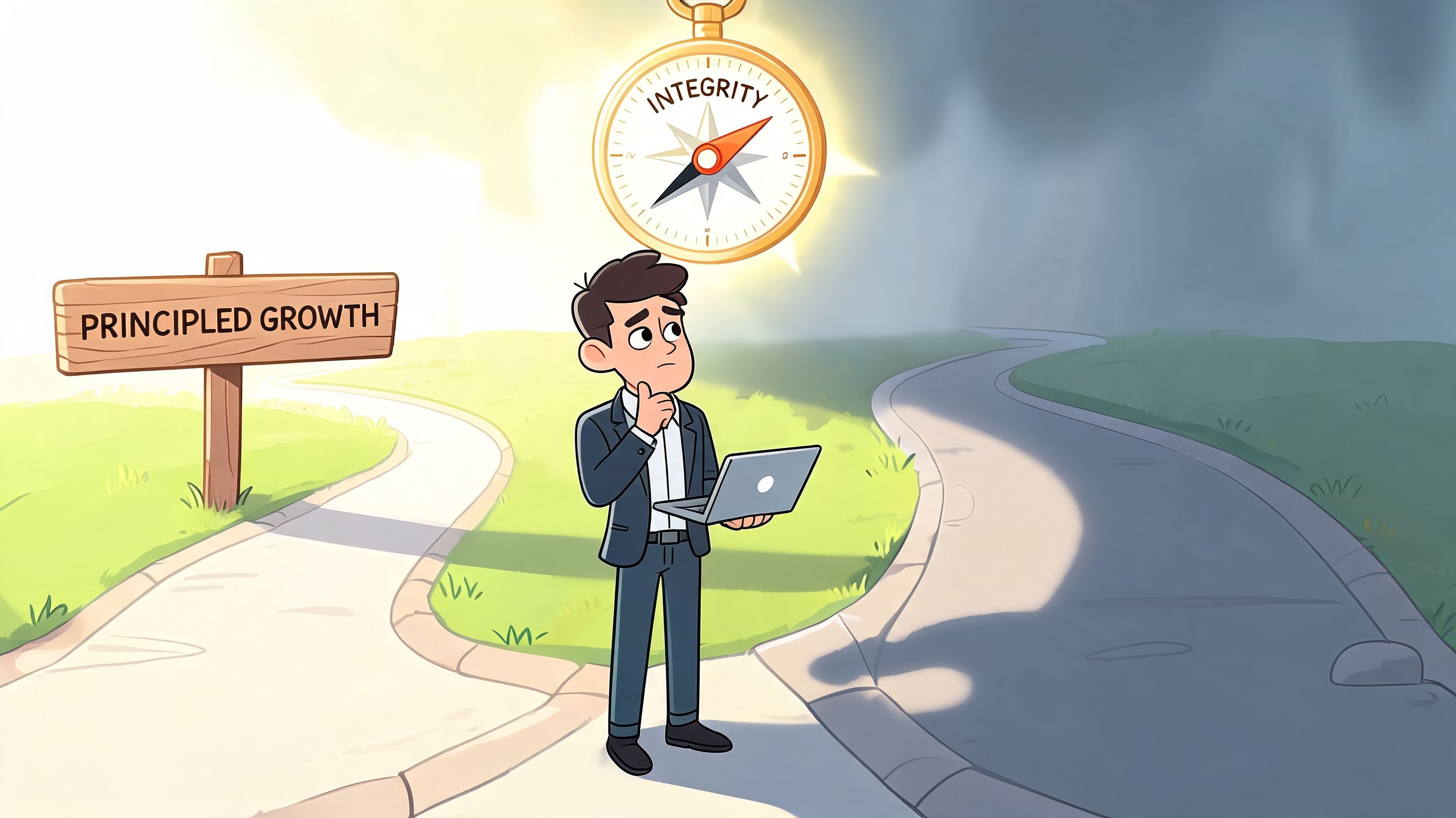 A professional man holding a laptop stands at a fork in the road guided by an integrity compass.