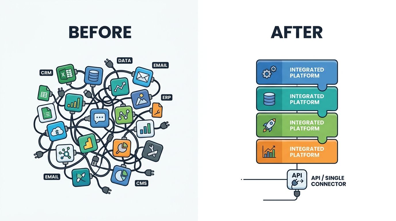 A diagram comparing disorganized, tangled software connections on the left to a streamlined, integrated platform on the right.