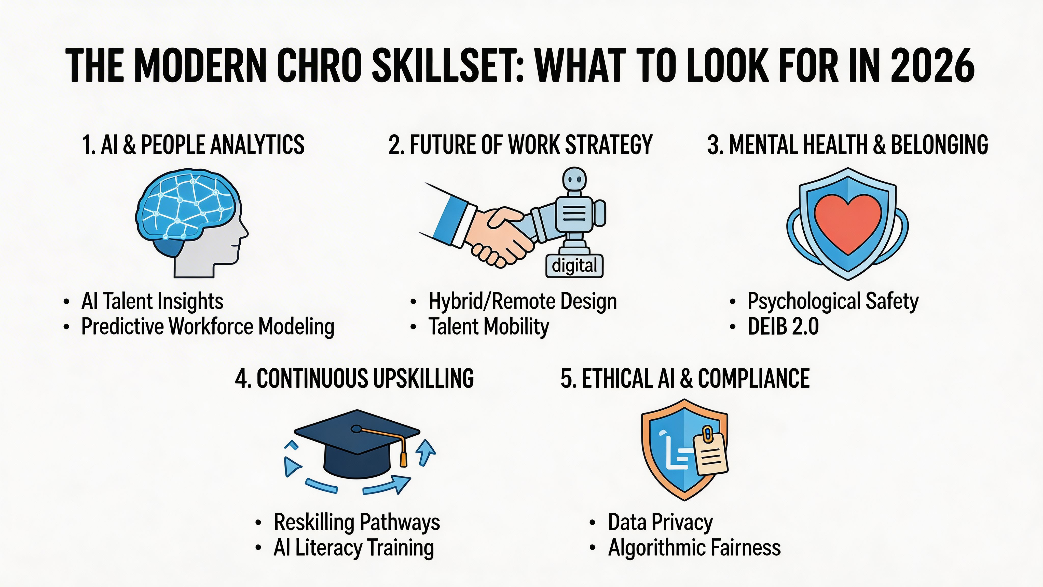 An infographic detailing five essential skill sets for a modern Chief Human Resources Officer in 2026.