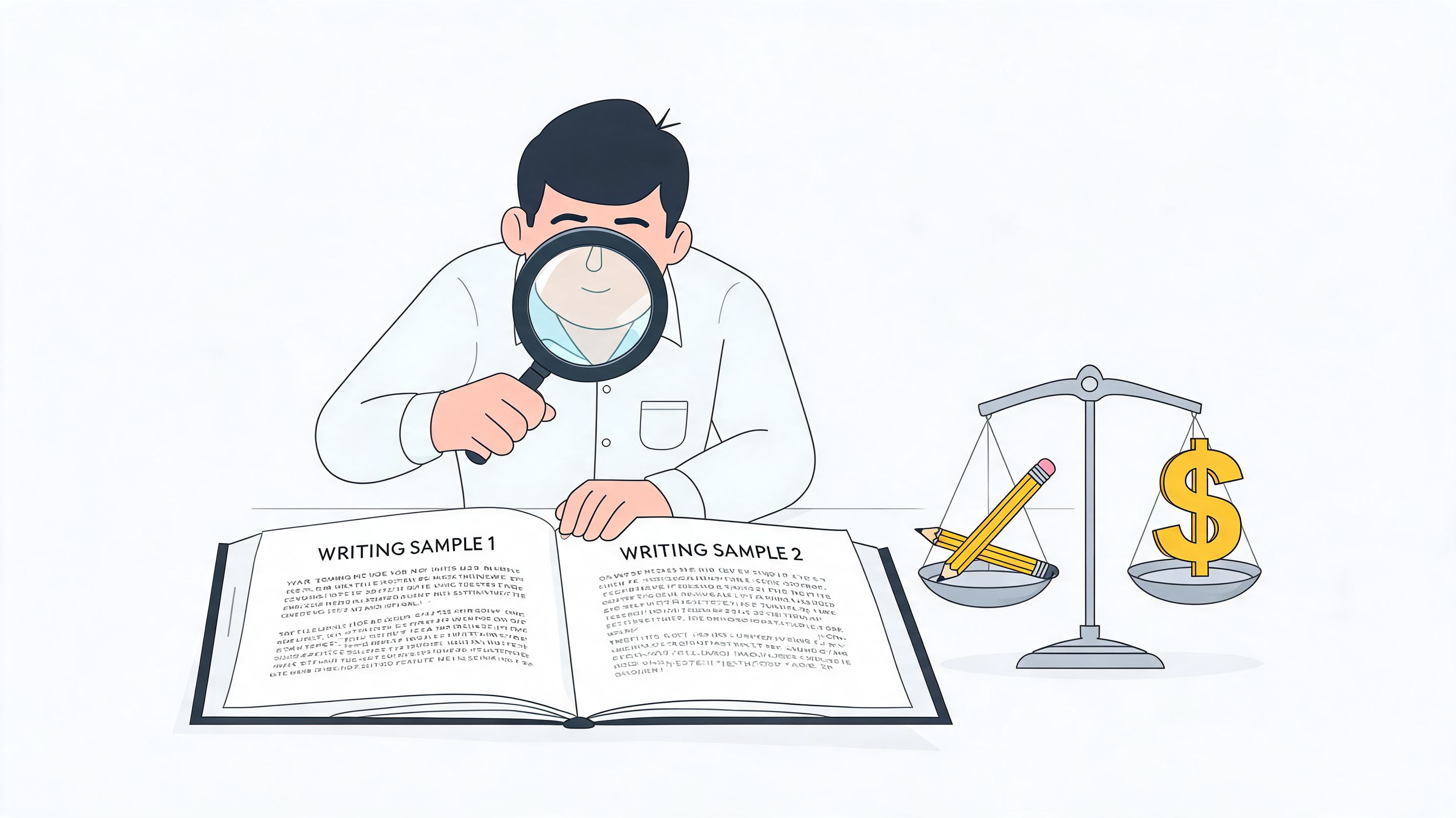 A copywriter examines two writing samples with a magnifying glass while comparing writing to financial value.
