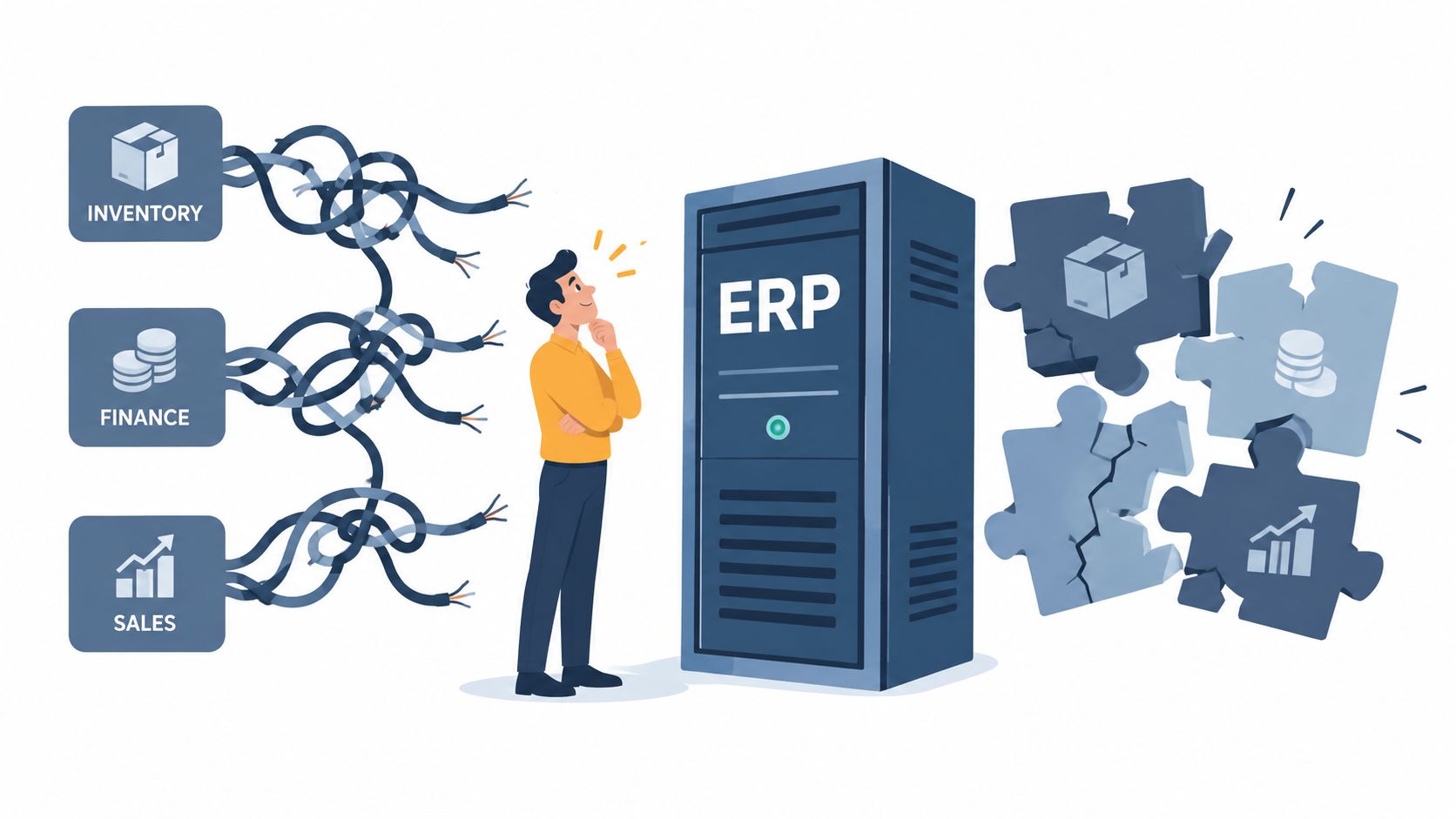 A person looking at an ERP server comparing tangled cables with organized puzzle pieces of business data.