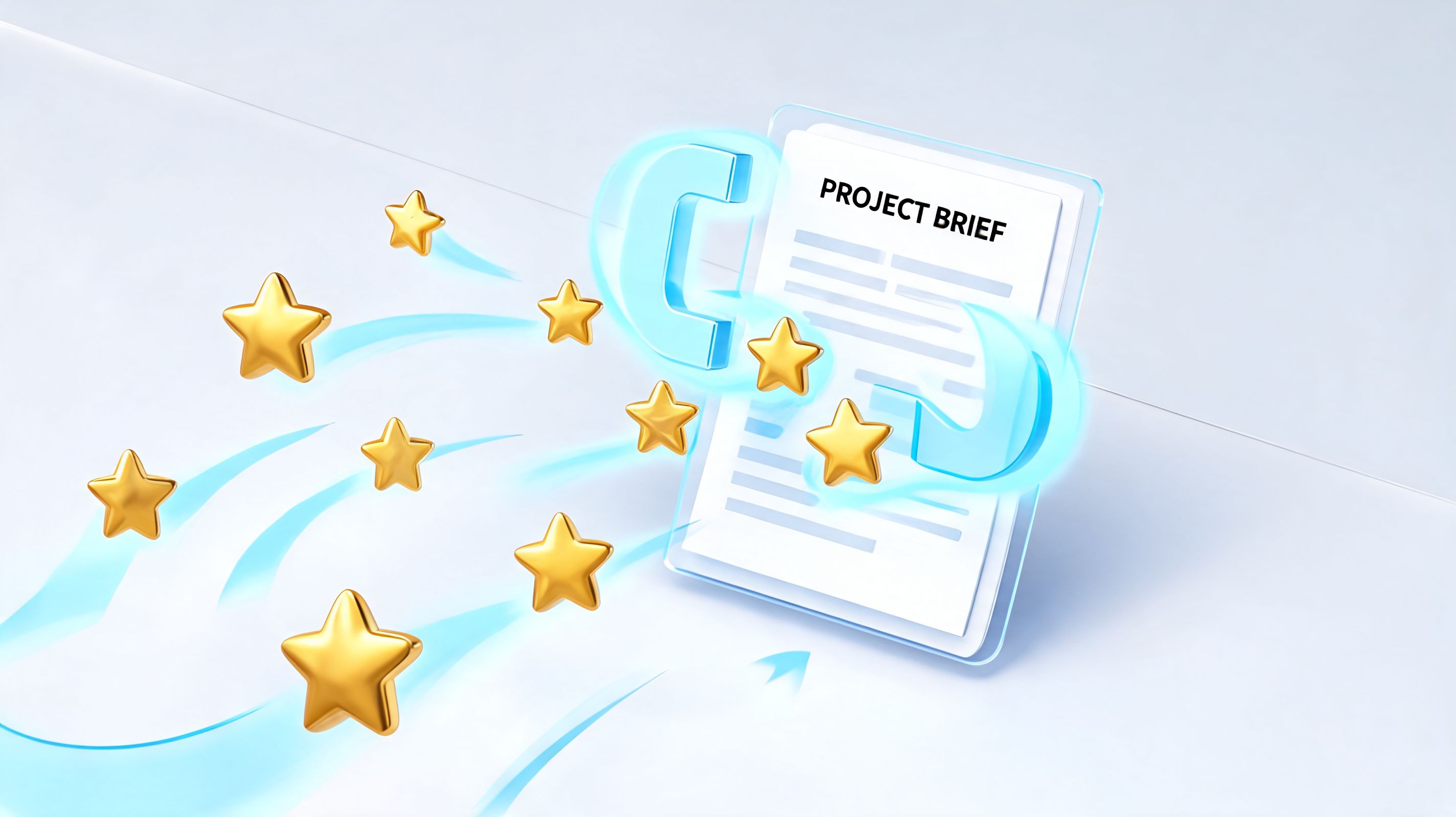 A 3D illustration of a project brief document surrounded by floating golden stars and glowing blue swirls.