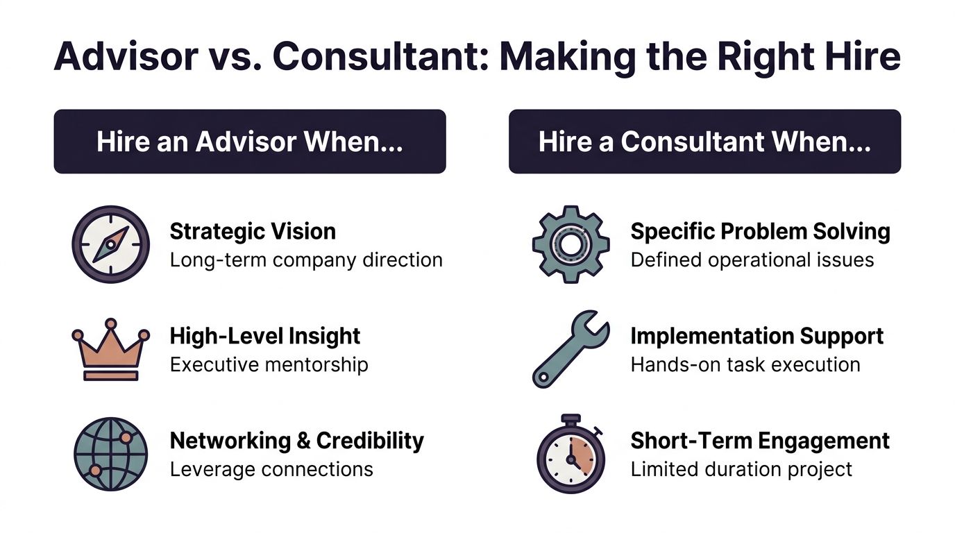 A comparison chart highlighting the key differences between hiring an advisor and a business consultant.