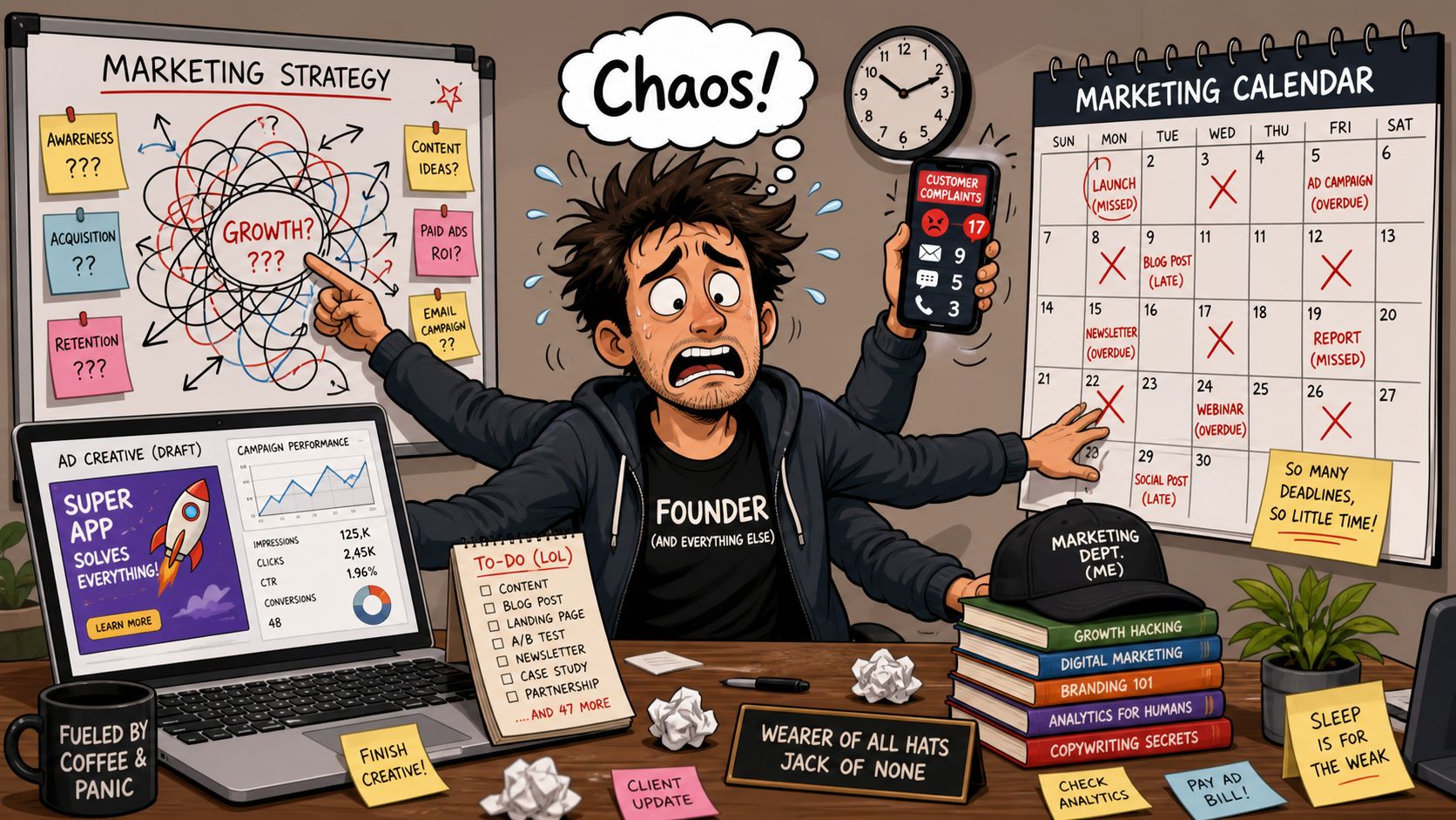 Stressed marketing founder juggling multiple tasks, missed deadlines, and chaotic strategy in an overwhelmed office environment.
