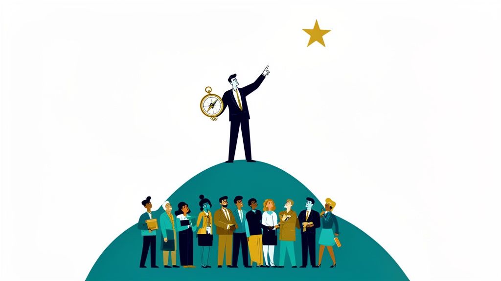 Illustration of a businessman pointing to a star, guiding a diverse team on a teal hill.
