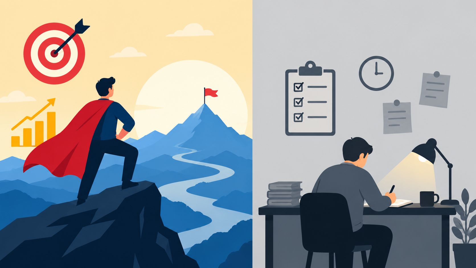 A split illustration showing a superhero looking at a mountain goal and a person working at desk.