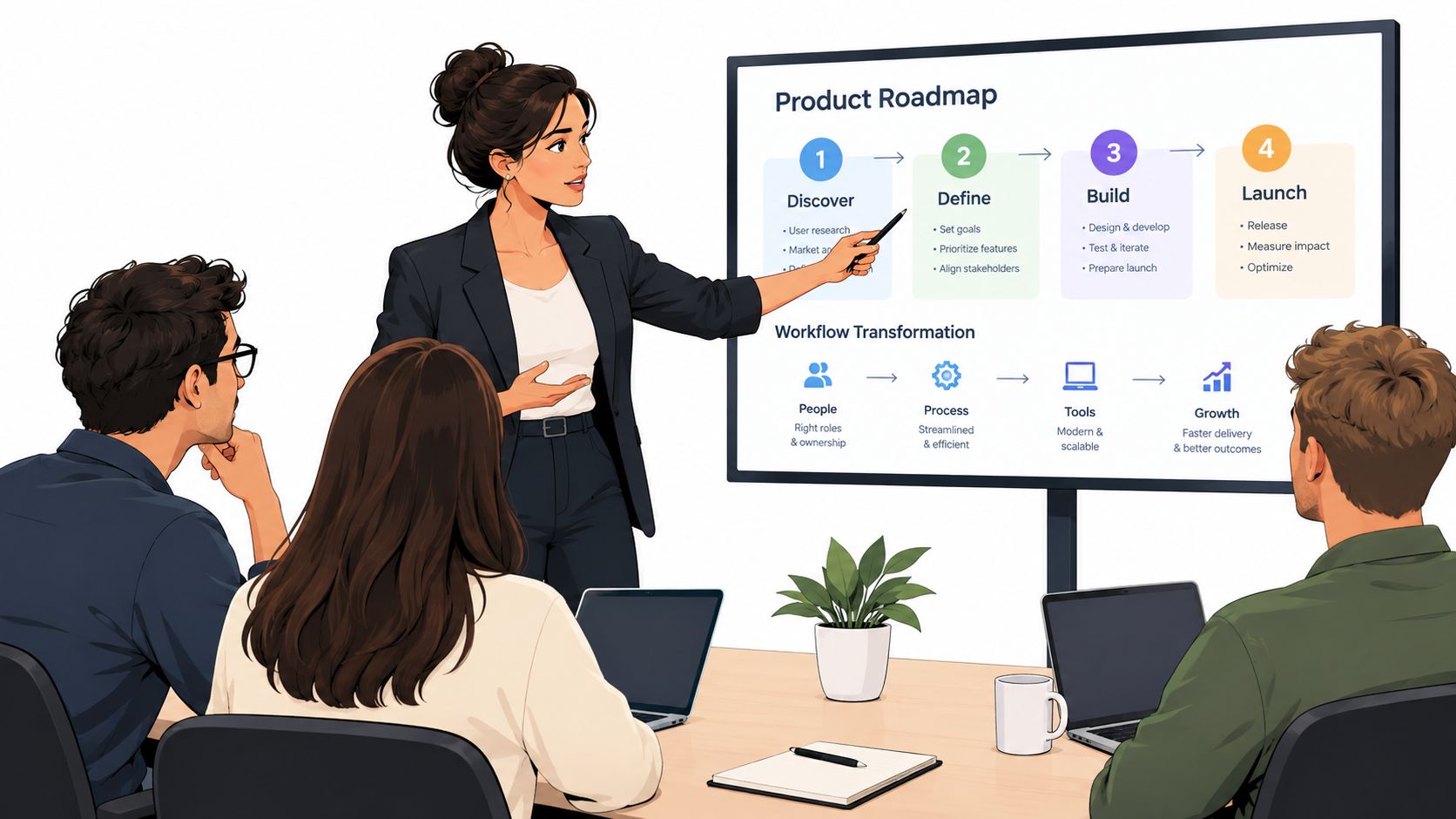 A professional woman presenting a product roadmap and workflow transformation strategy to her team in an office.