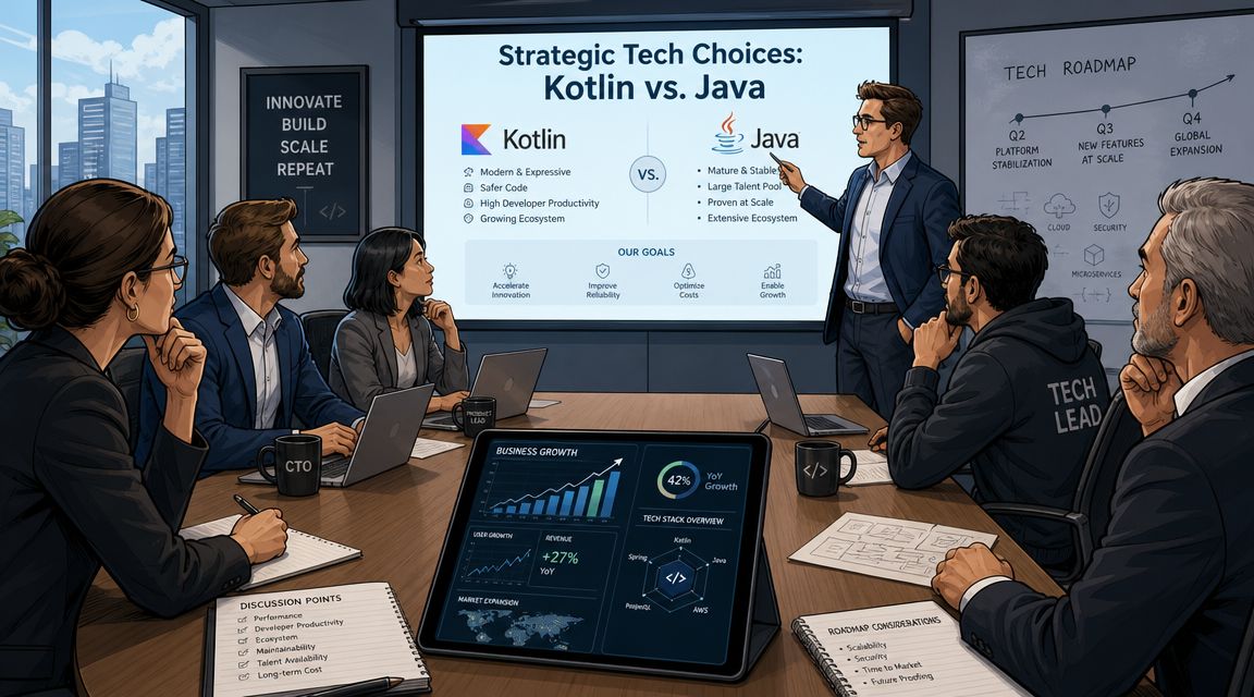 A professional team in a boardroom discussing the strategic technical comparison between Kotlin and Java programming languages.