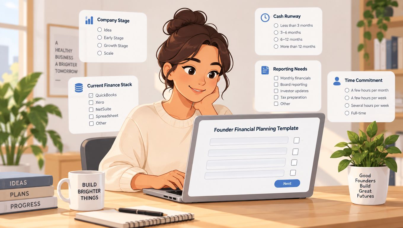 A professional woman using a laptop to fill out a business financial planning questionnaire in a bright office.