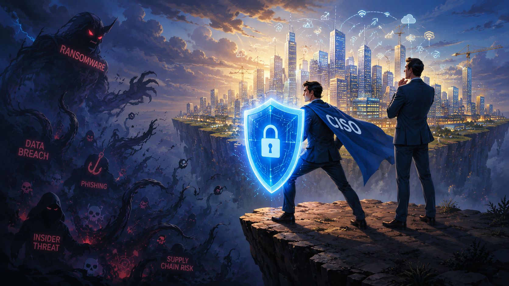 A CISO standing on a cliff protecting a futuristic city from dark cybersecurity threats like ransomware.