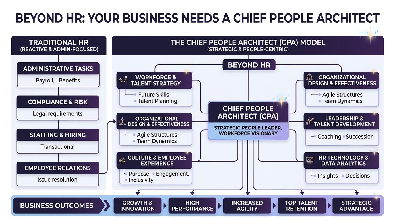 A diagram comparing traditional reactive human resources functions with the strategic role of a Chief People Architect.