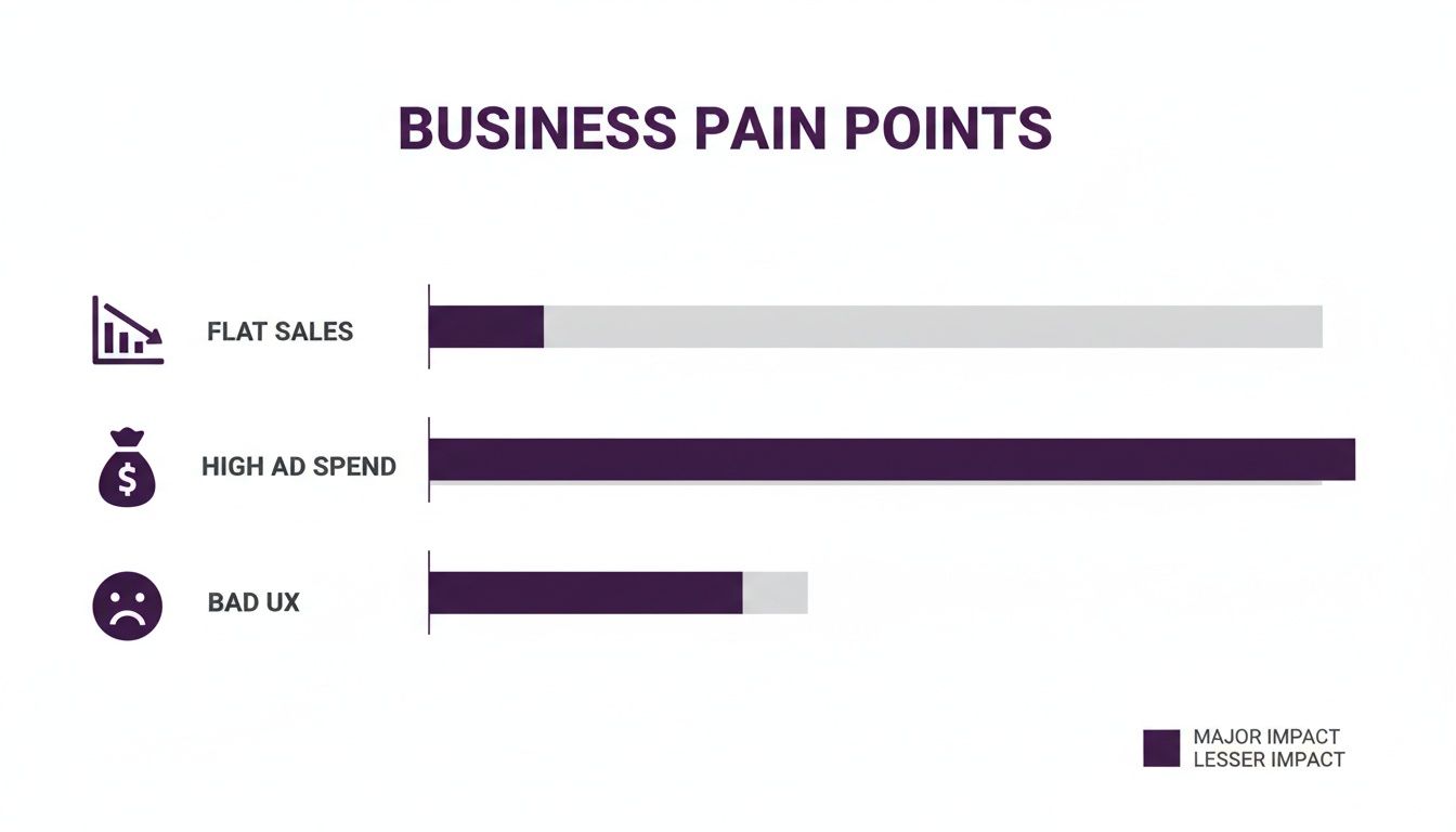 A business pain points bar chart illustrating the major and lesser impact of Flat Sales, High Ad Spend, and Bad UX.