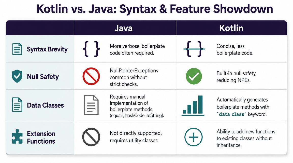 A comparison table outlining key differences between Kotlin and Java programming languages regarding syntax and features.