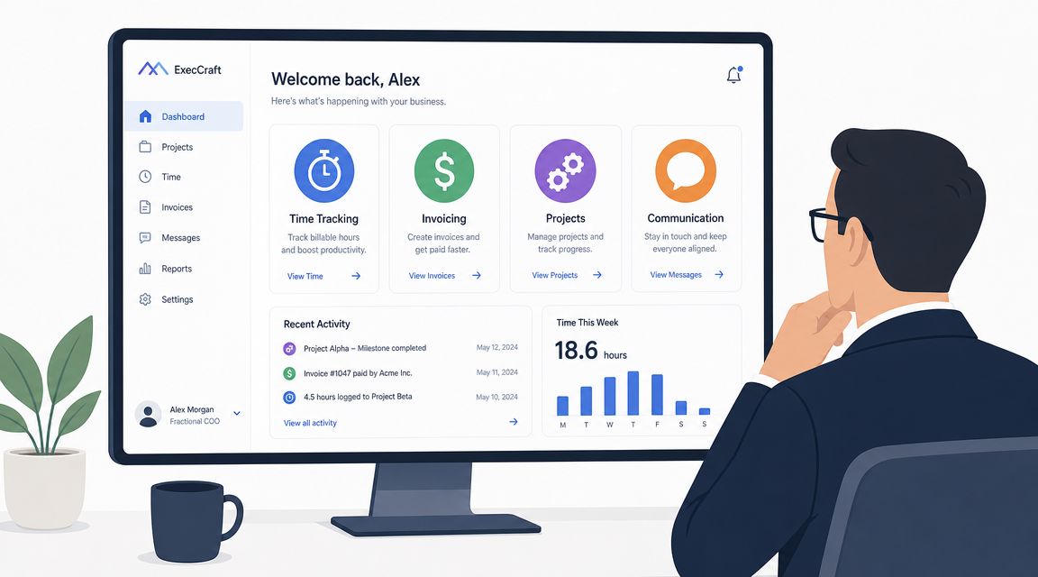 A professional man looking at an ExecCraft business management dashboard interface showing time tracking and invoicing tools.
