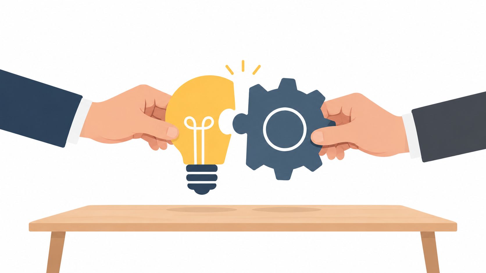 Two hands connecting a light bulb and a gear puzzle piece over a wooden table surface.