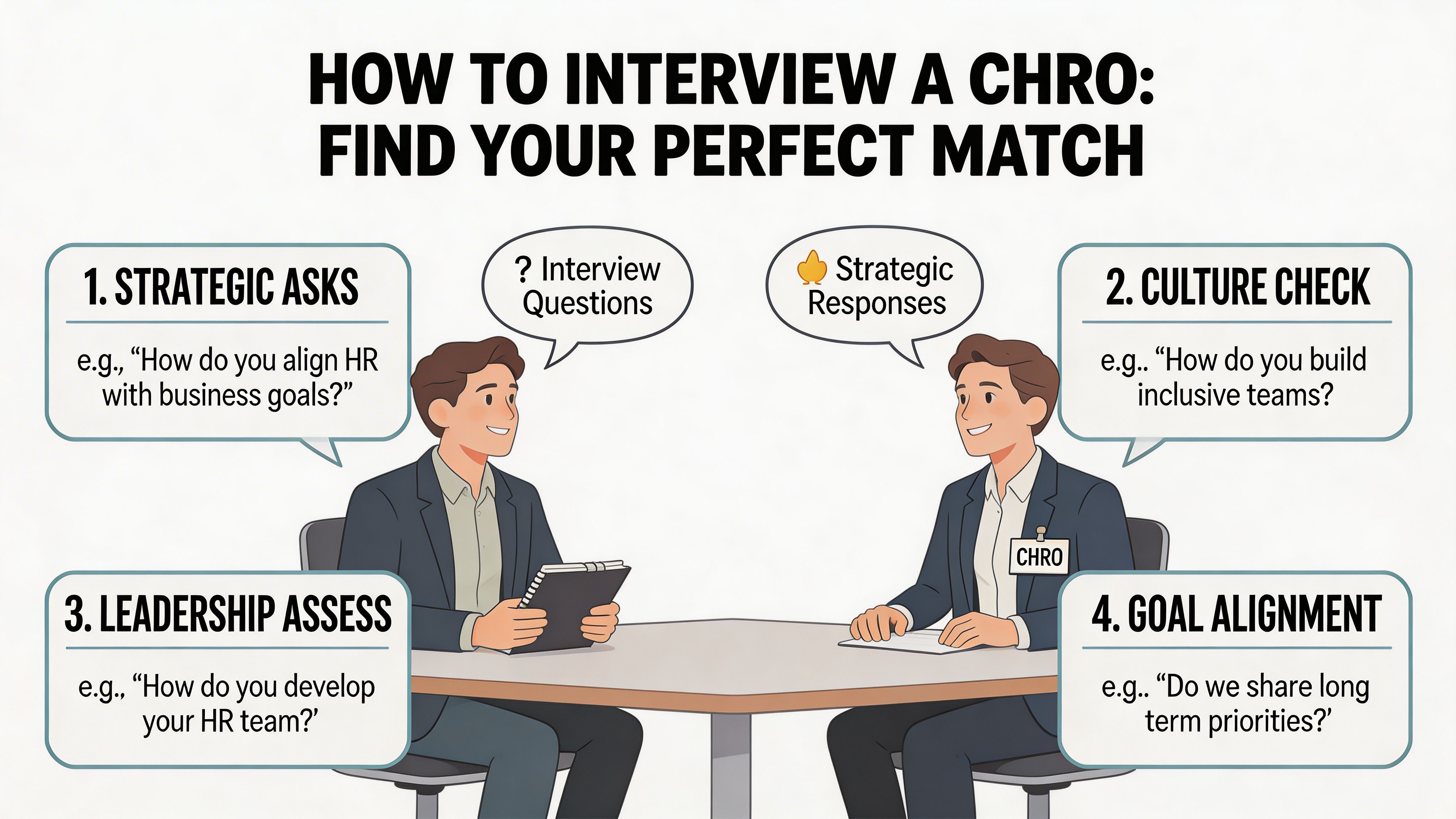 A professional illustration of a job interview between an interviewer and a Chief Human Resources Officer.