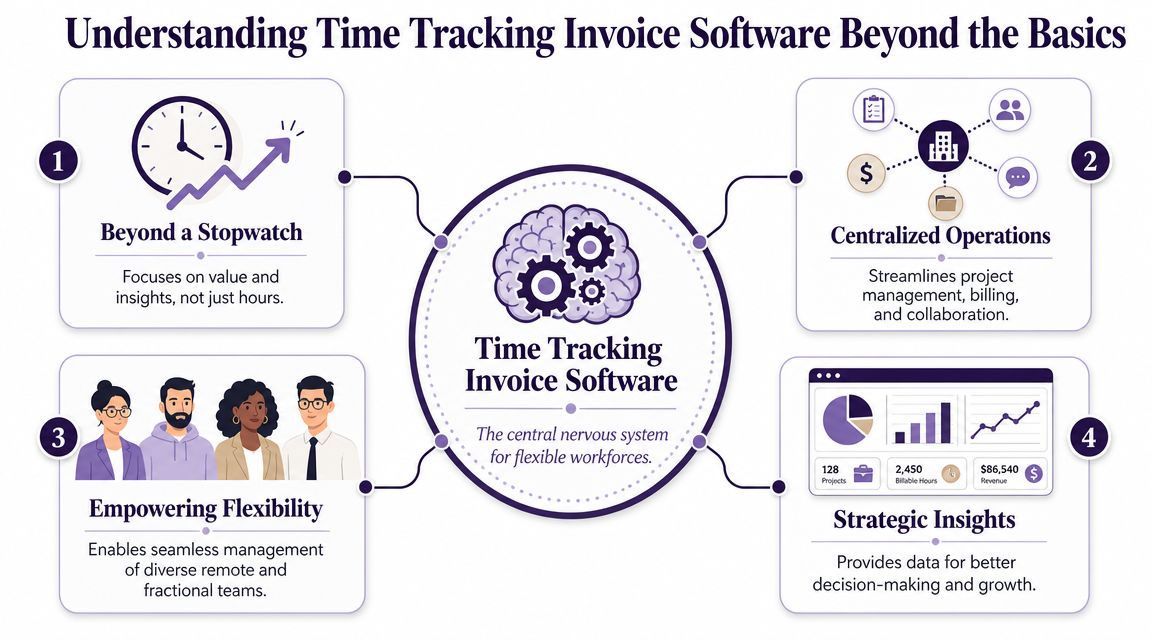 An infographic titled Understanding Time Tracking Invoice Software Beyond the Basics, showing four key business benefits.