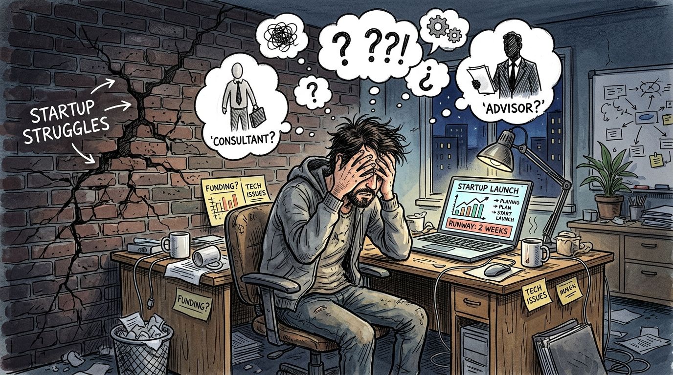 A stressed entrepreneur sitting at a messy desk, worrying about choosing between a consultant or an advisor.