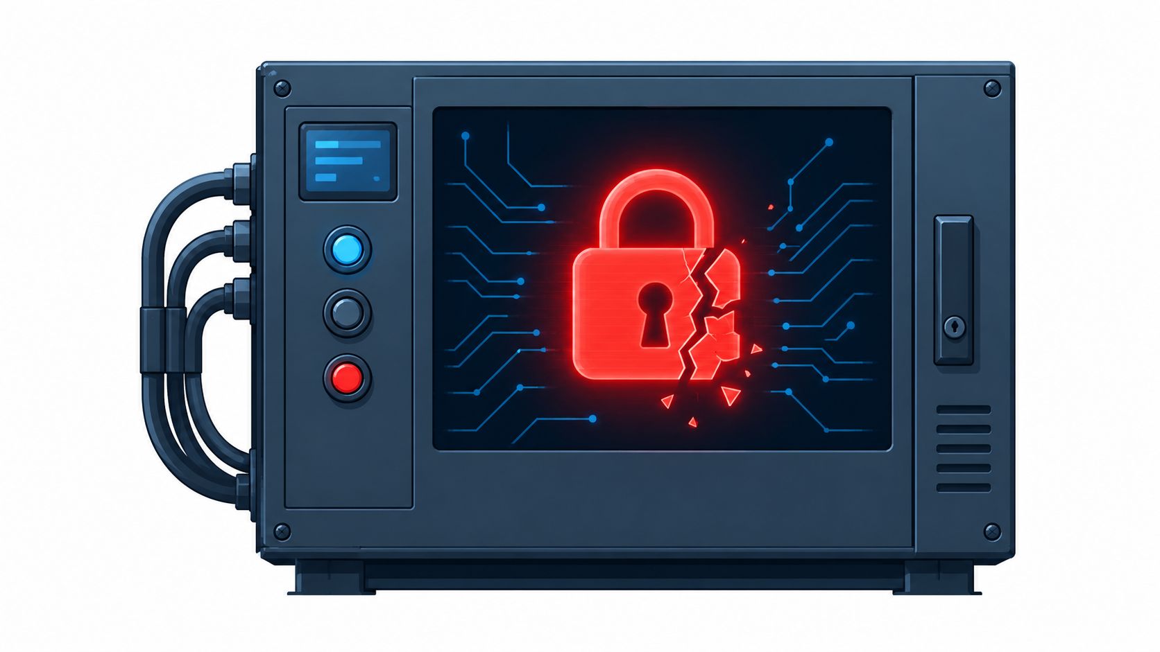 A digital illustration showing a broken red glowing padlock symbol on a futuristic computer control panel.
