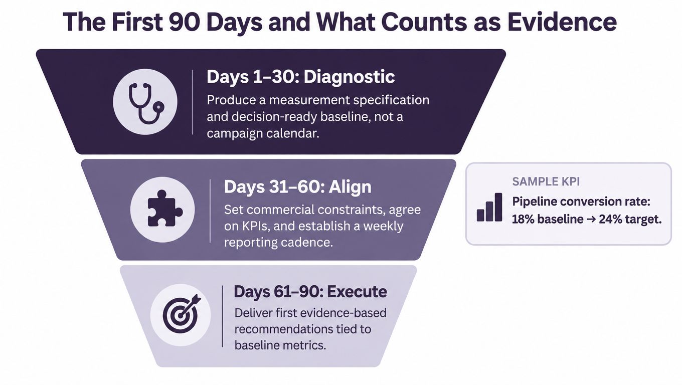 A funnel infographic outlining a 90-day onboarding plan for a new marketing leader with three key phases.
