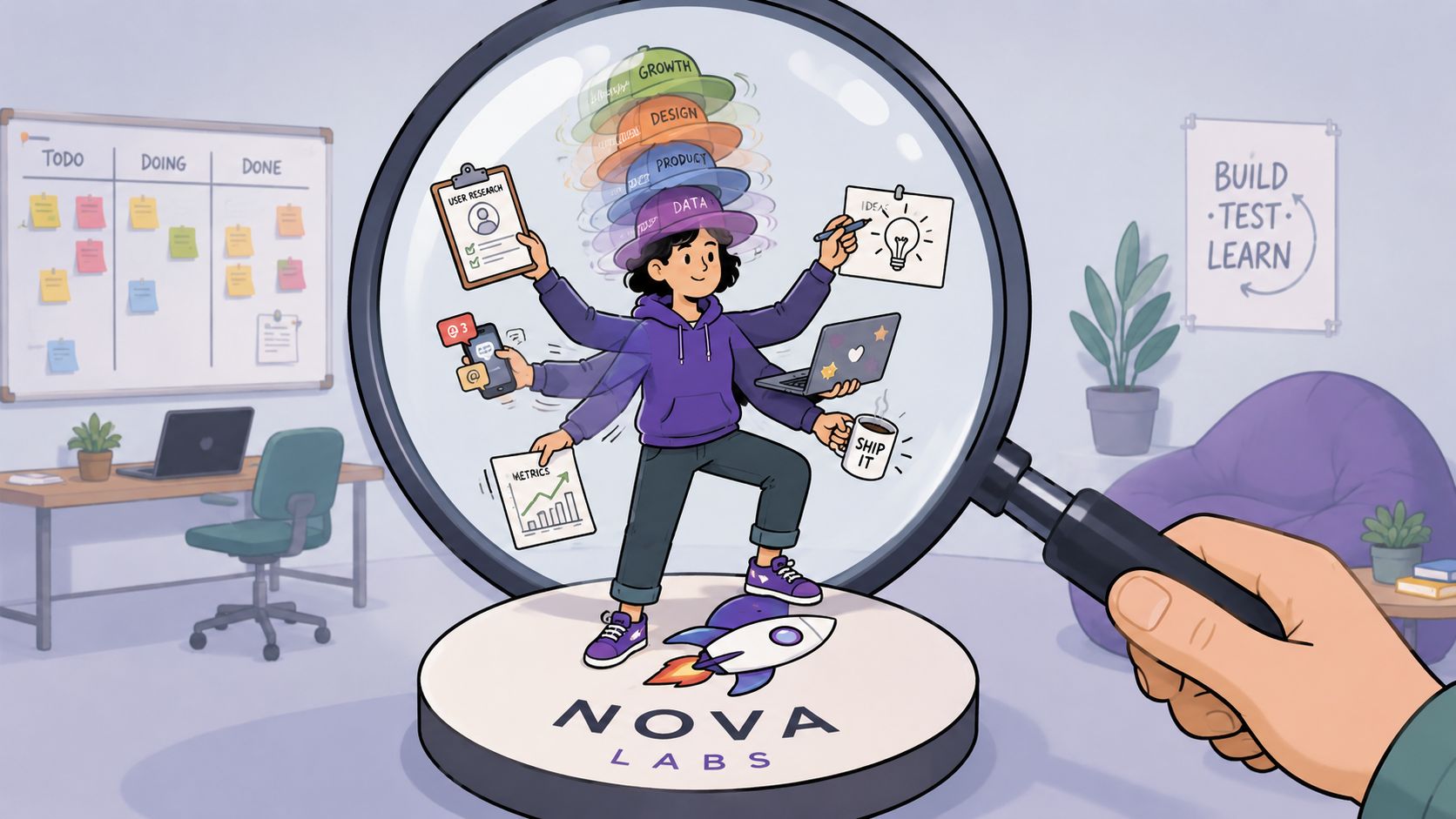 A multitalented professional managing business tasks inside a magnifying glass for Nova Labs, representing versatile operations management.