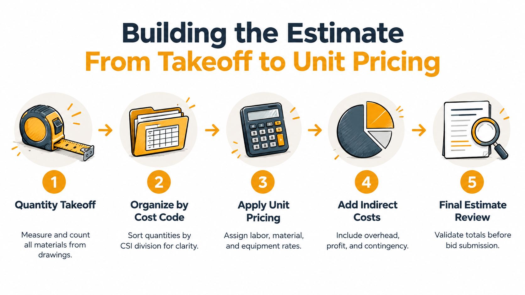 A five-step infographic showing the construction estimation process from quantity takeoff to final estimate review.