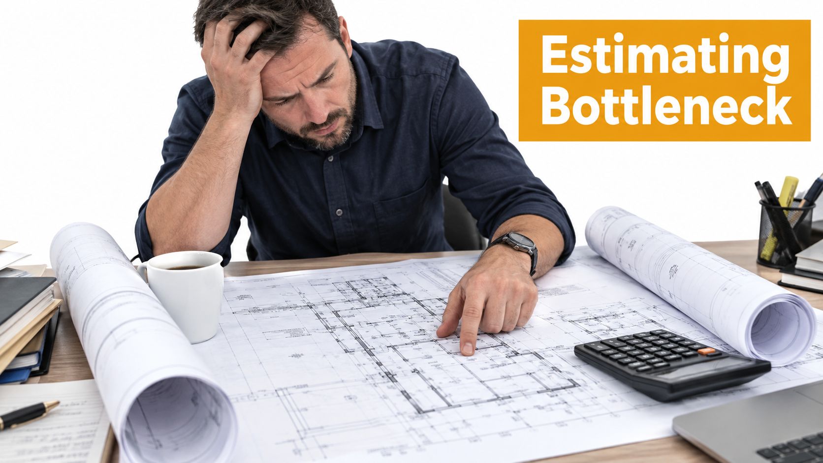 A stressed construction professional reviewing architectural blueprints and complex project plans on a wooden office desk.