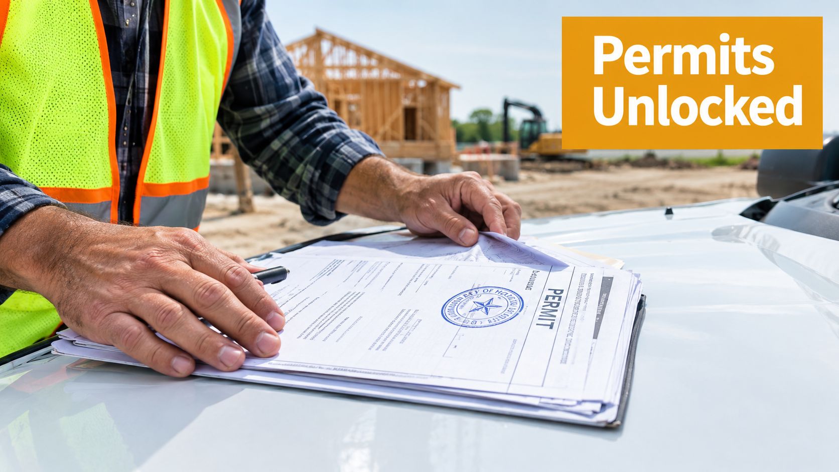 A construction worker reviewing building permit documents on a vehicle hood at a job site.