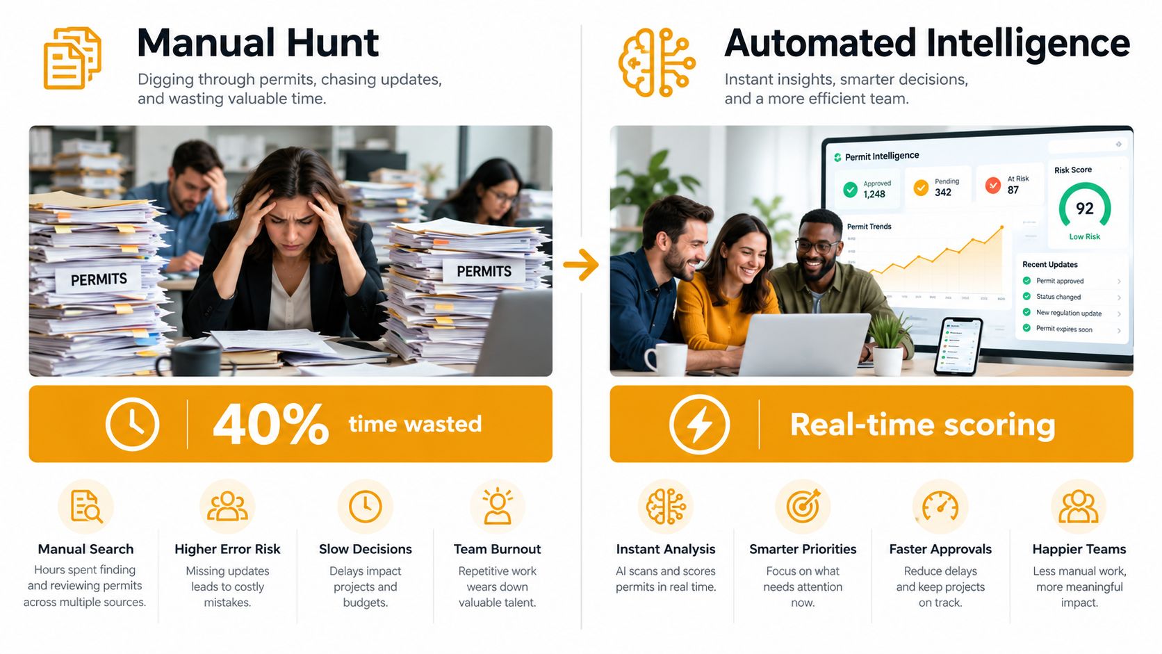 A comparison infographic showing manual permit processing causing burnout versus automated AI software improving team efficiency.