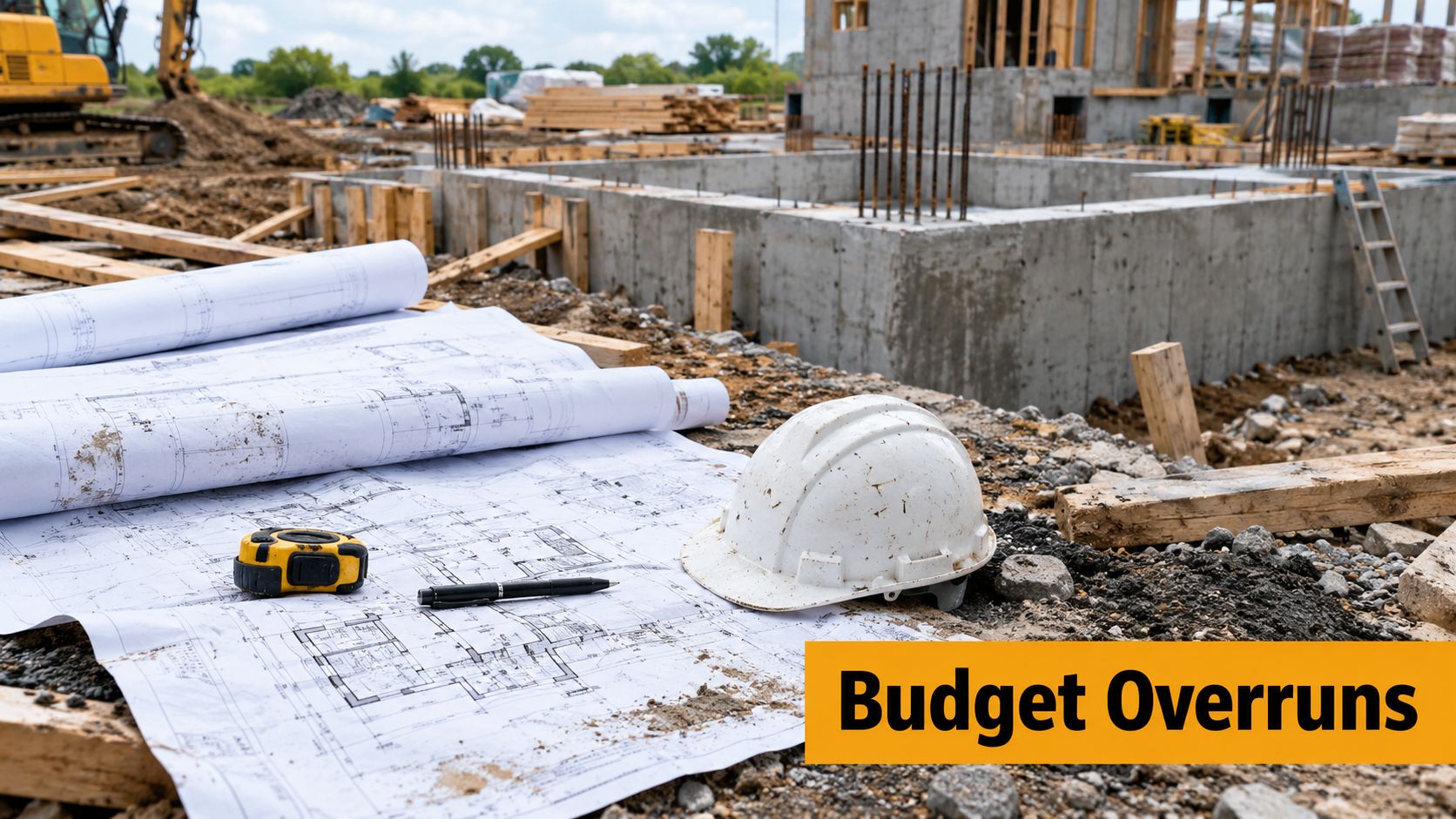 Architectural blueprints, a tape measure, and a white safety helmet on a construction site with building foundations.