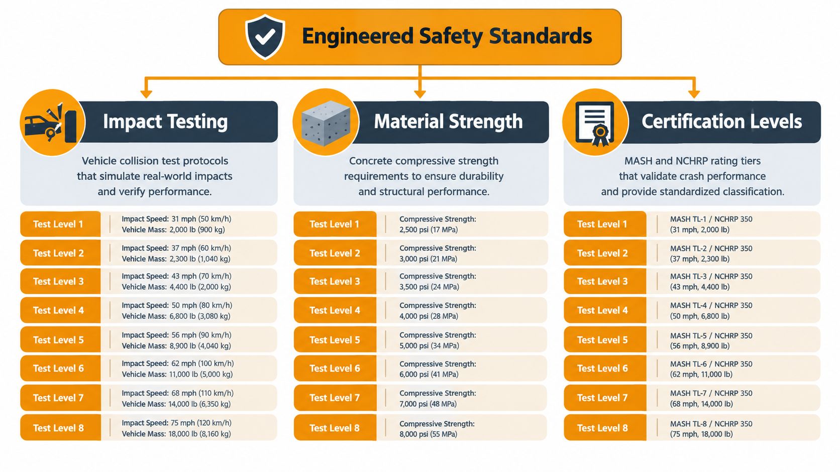 A chart detailing engineered safety standards for impact testing, material strength, and certification levels for bollards.