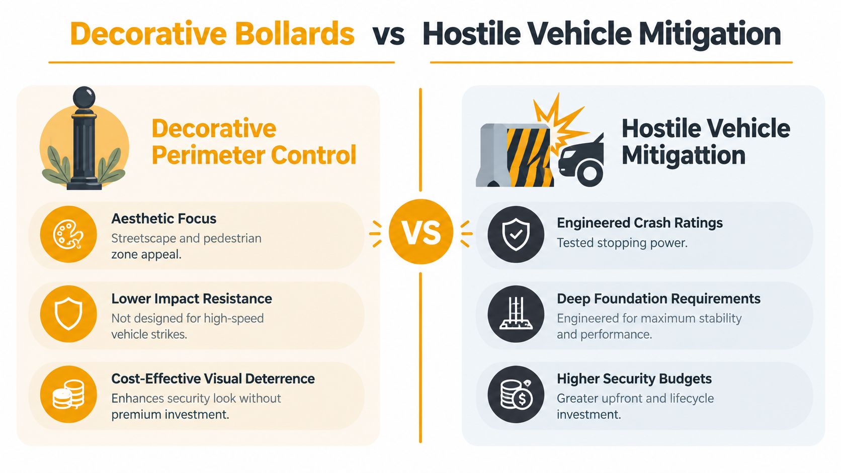 A comparison chart showing the differences between decorative perimeter bollards and high-security hostile vehicle mitigation systems.