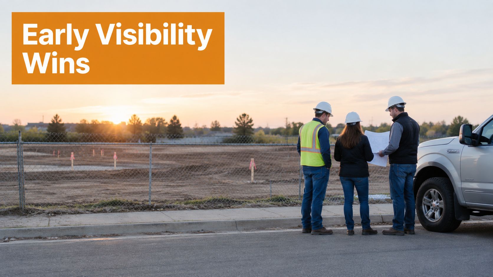 Three construction professionals reviewing architectural blueprints at a development site during a sunset, promoting project visibility.