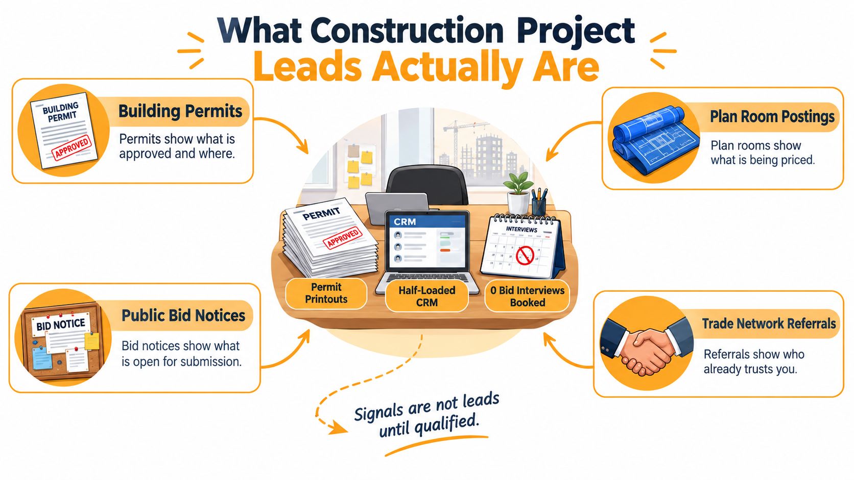 An infographic illustrating that construction project leads are signals that must be qualified through specific sources.