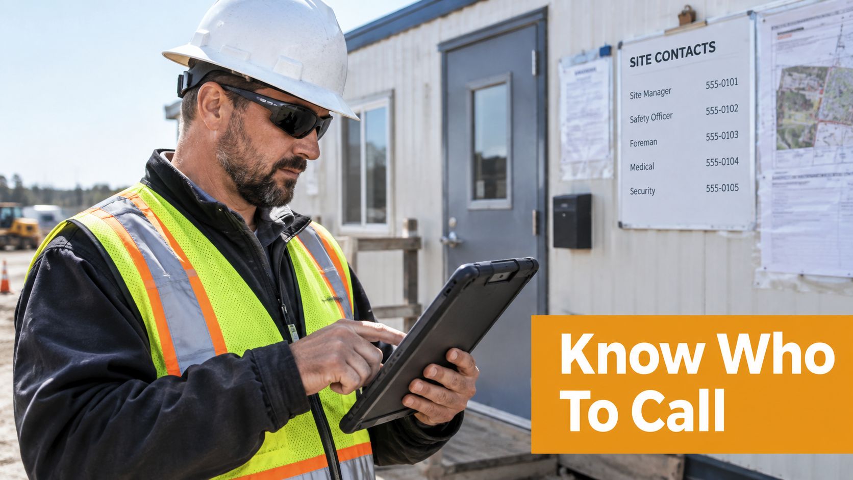 A construction site manager wearing a hard hat and high visibility vest using a digital tablet.