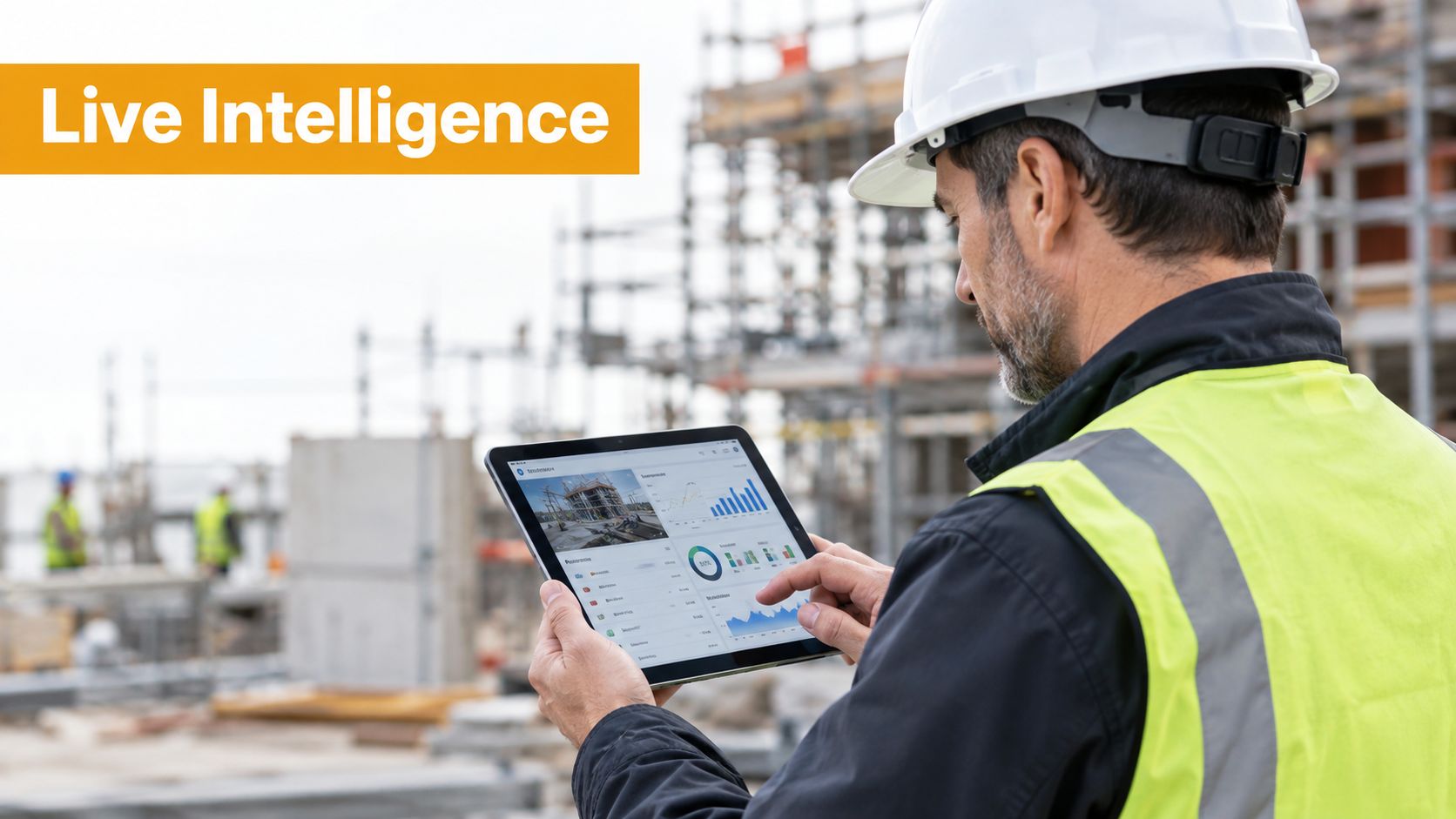 A construction manager in a hard hat and safety vest reviews a digital project report on a tablet.