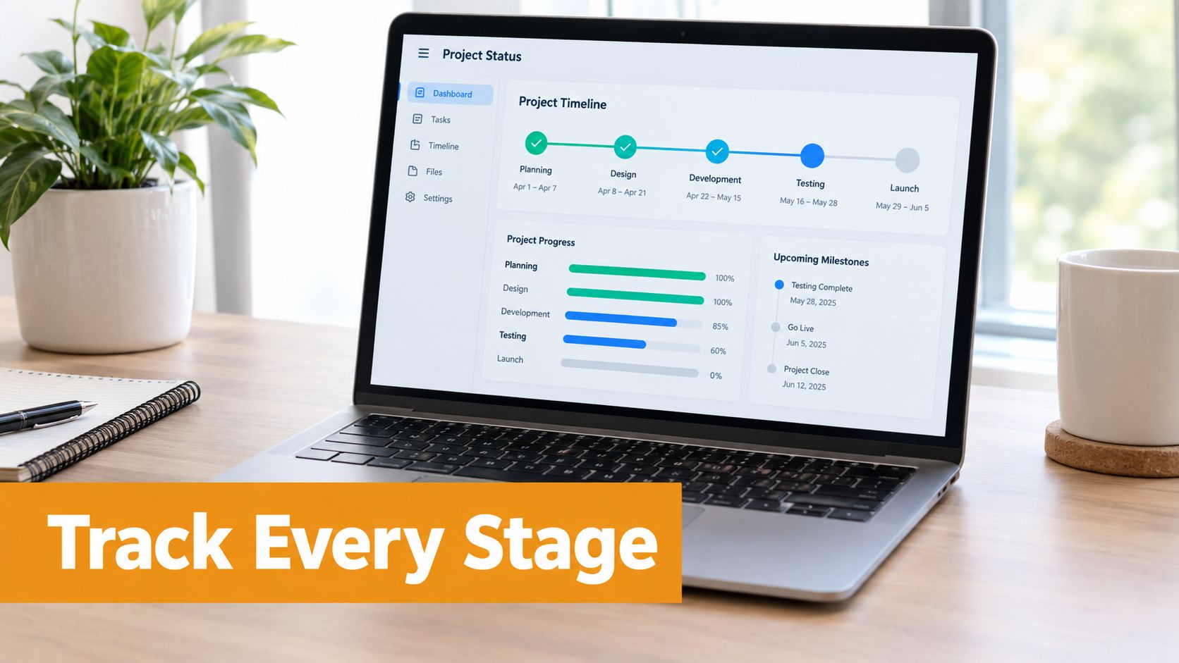 A modern laptop displaying a project management dashboard on a desk with a plant and coffee.