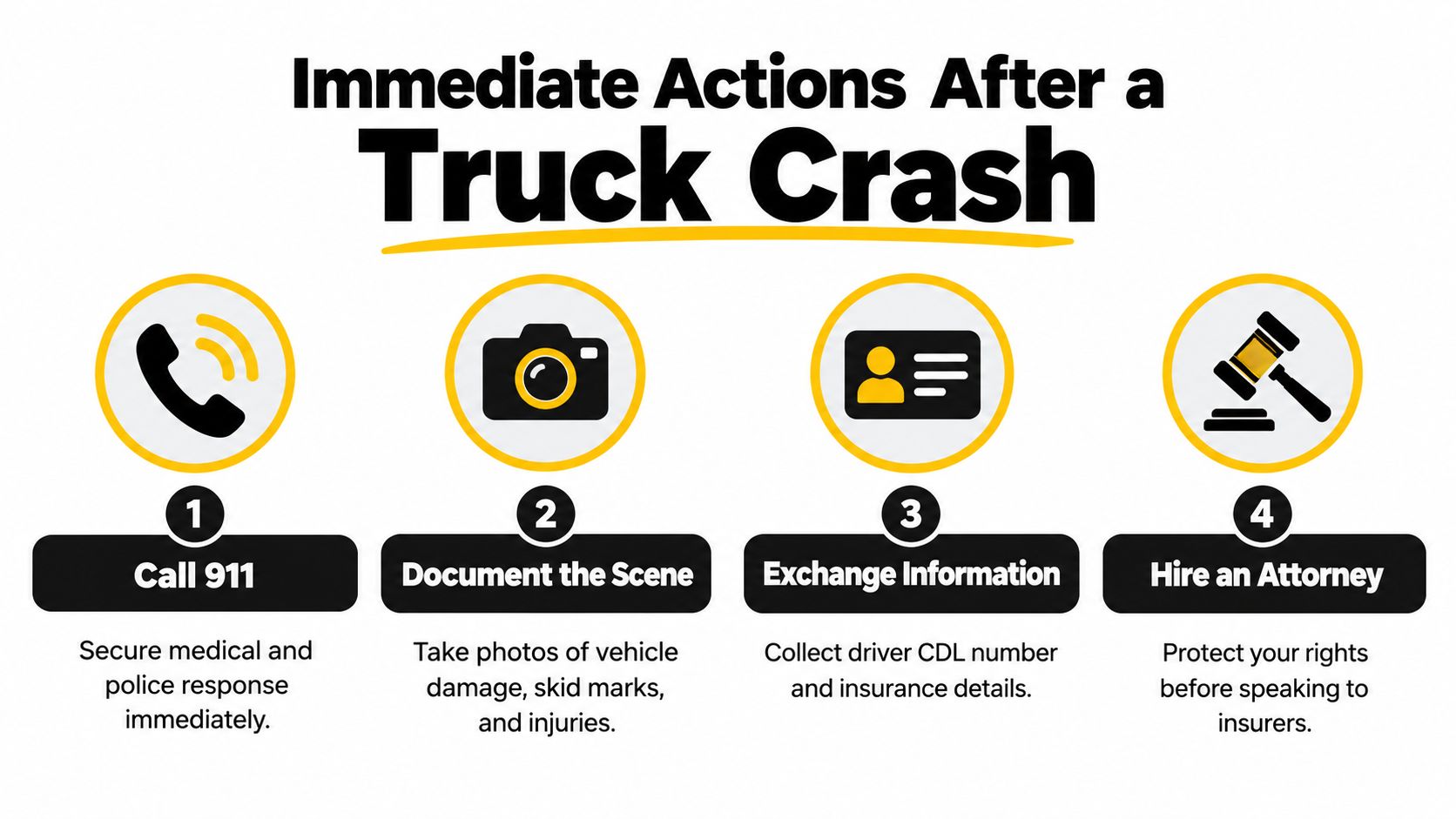 An infographic titled Immediate Actions After a Truck Crash listing four essential steps for crash victims.