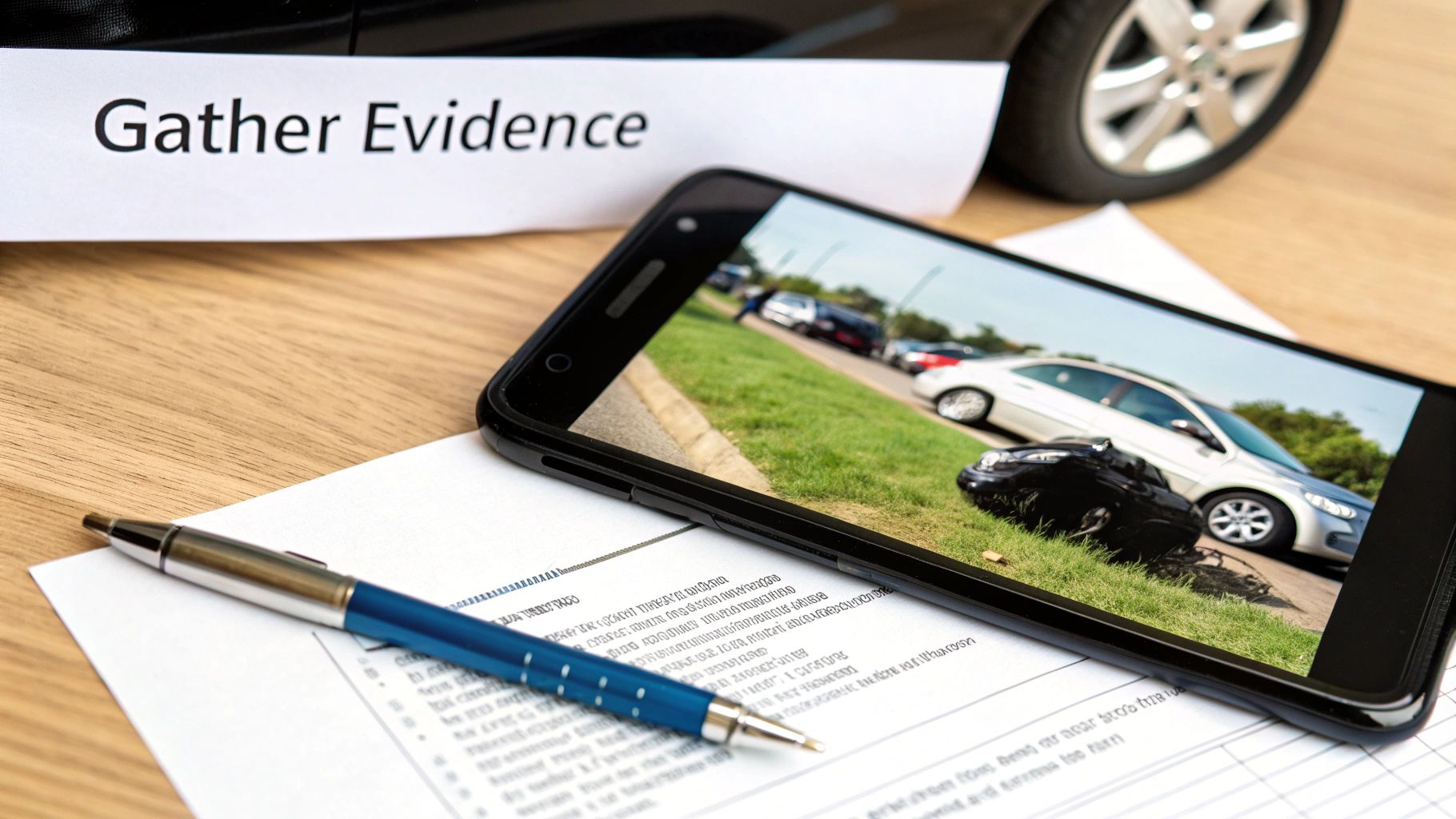 Smartphone displays car accident photo, with a pen, documents, and 'Gather Evidence' text.