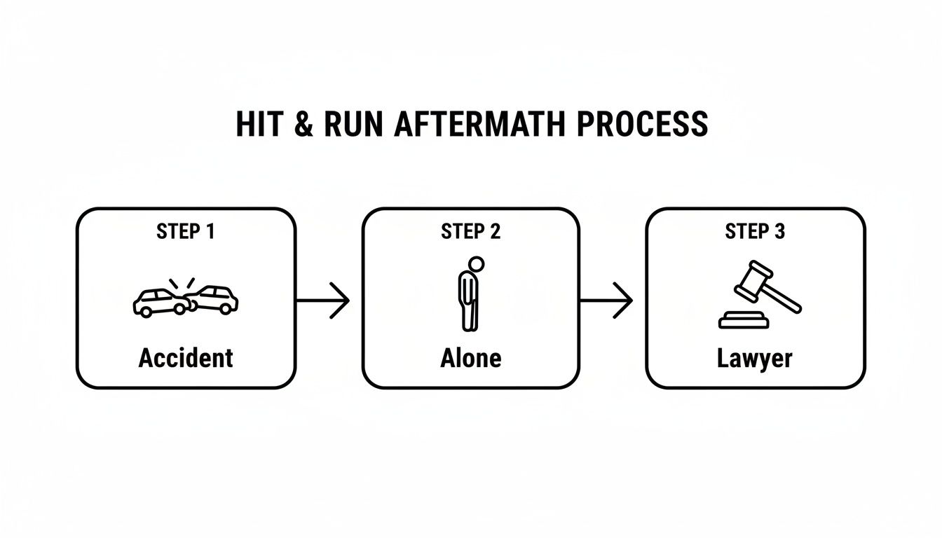A flowchart illustrating the hit and run aftermath process: accident, feeling alone, and contacting a lawyer.