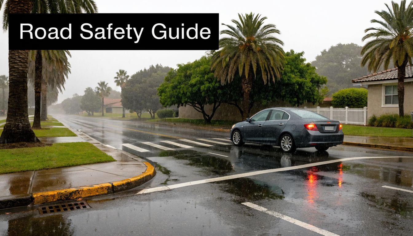 A gray car driving on a rain-slicked suburban road during a storm with palm trees nearby.